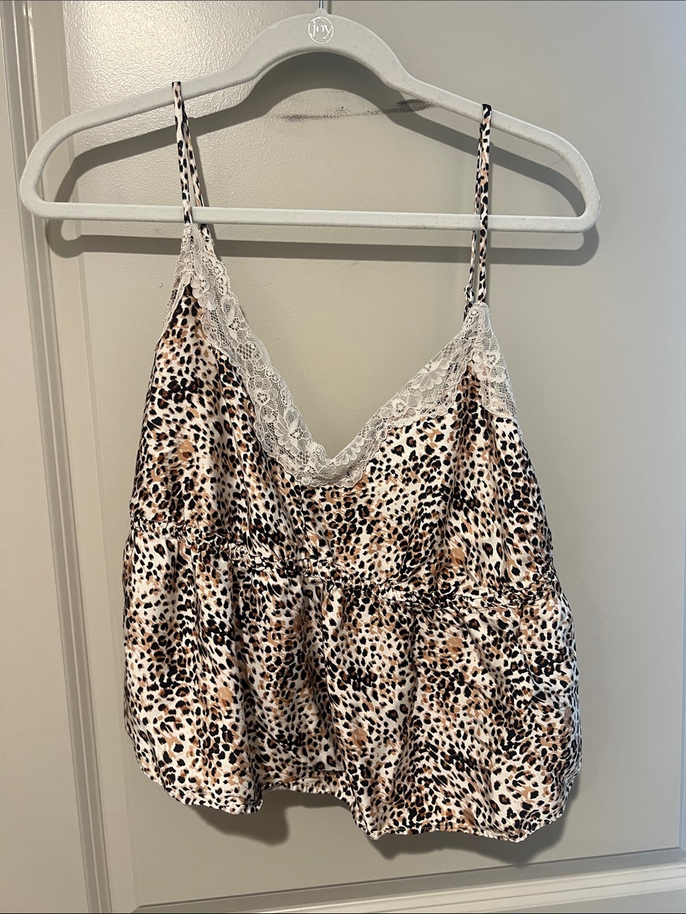 Leopard Print Lace Trim Cami & Shorts Sleep Set - White/Tan XL top L bottom - Picture 2 of 10